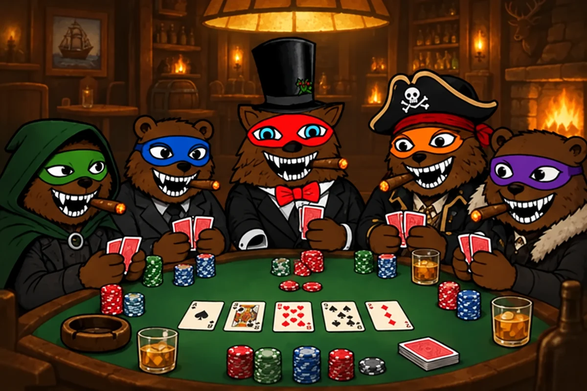 Five masked bears holding cards around a green poker table in their candlelit den
